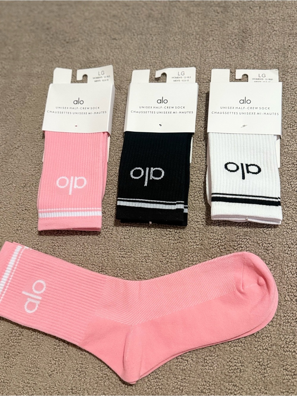 ALO Yoga Half-Crew Athletic Socks — Pink, Black & White
